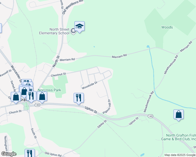 map of restaurants, bars, coffee shops, grocery stores, and more near 4 Garden Street in Grafton