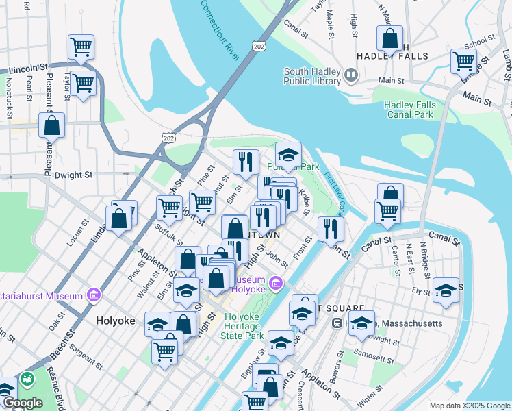 map of restaurants, bars, coffee shops, grocery stores, and more near 57 Chestnut Street in Holyoke