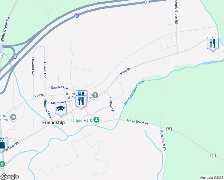 map of restaurants, bars, coffee shops, grocery stores, and more near 61 East Main Street in Friendship