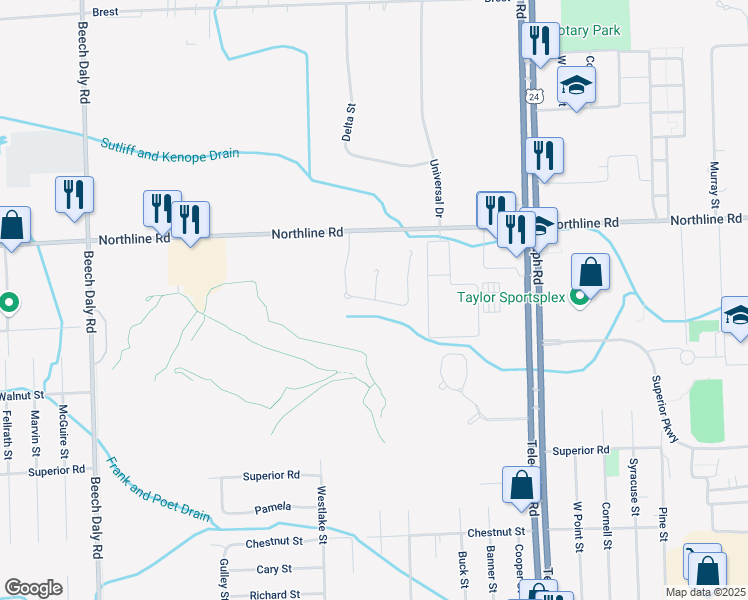 map of restaurants, bars, coffee shops, grocery stores, and more near 13145 Sawgrass Court in Taylor