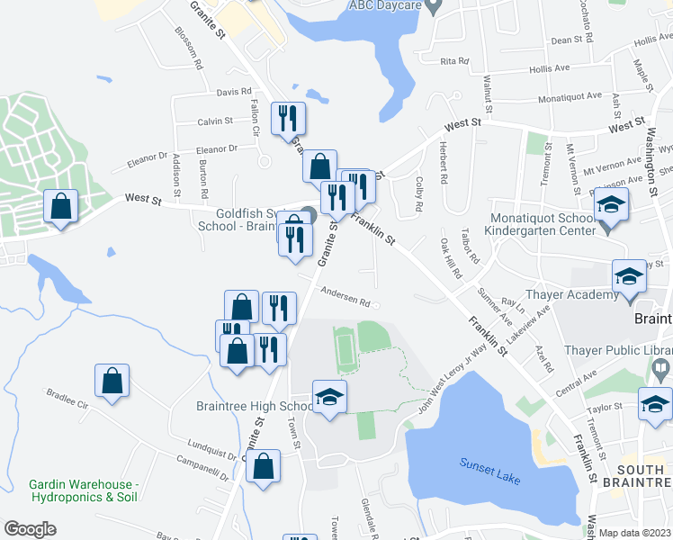 map of restaurants, bars, coffee shops, grocery stores, and more near 618 Granite Street in Braintree