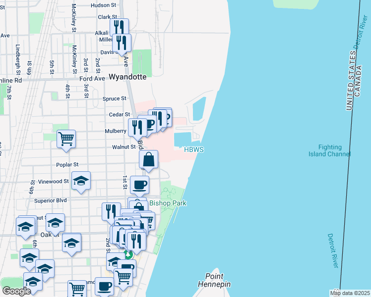 map of restaurants, bars, coffee shops, grocery stores, and more near 11 Walnut Street in Wyandotte
