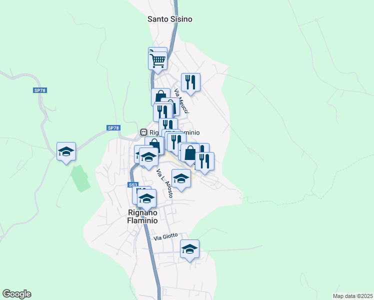 map of restaurants, bars, coffee shops, grocery stores, and more near 28 Via del Cocchio in Rignano Flaminio