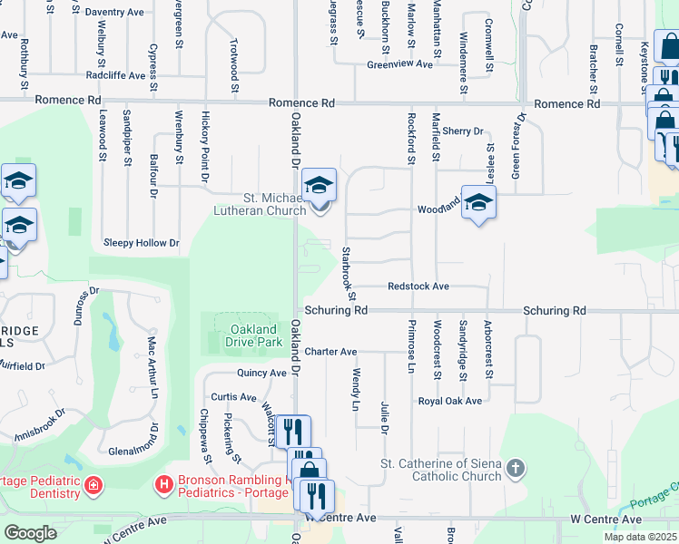 map of restaurants, bars, coffee shops, grocery stores, and more near 7406 Starbrook Street in Portage