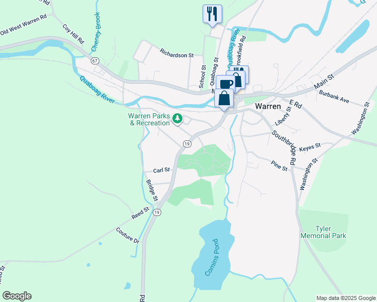 map of restaurants, bars, coffee shops, grocery stores, and more near 149 Maple Street in Warren