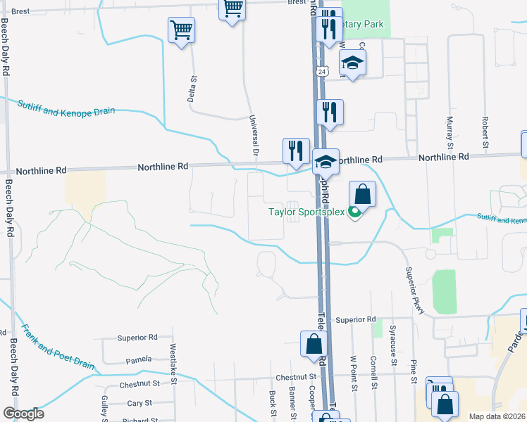 map of restaurants, bars, coffee shops, grocery stores, and more near 13120 Princeton Street in Taylor