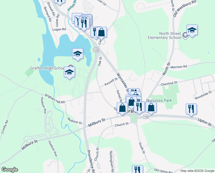 map of restaurants, bars, coffee shops, grocery stores, and more near 11 Kessell Street in Grafton