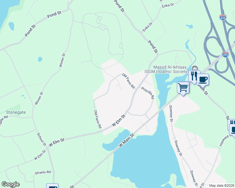 map of restaurants, bars, coffee shops, grocery stores, and more near 9 Queen Anne Road in Hopkinton