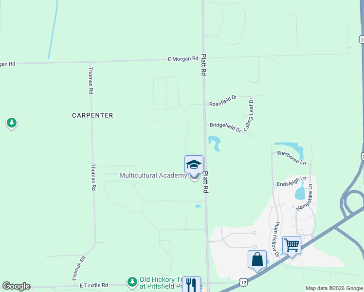 map of restaurants, bars, coffee shops, grocery stores, and more near 5174 Platt Road in Ann Arbor