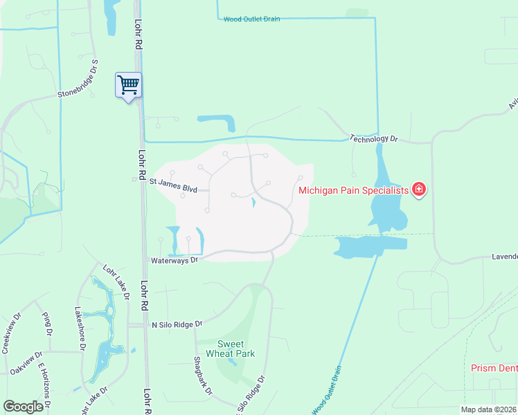 map of restaurants, bars, coffee shops, grocery stores, and more near 1270 Waterways Drive in Ann Arbor