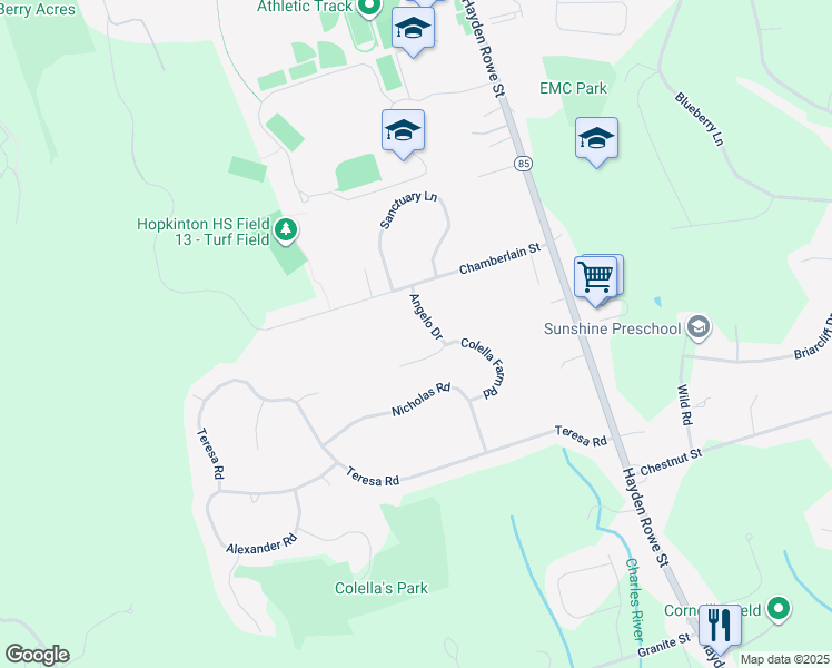 map of restaurants, bars, coffee shops, grocery stores, and more near 6 Angelo Drive in Hopkinton