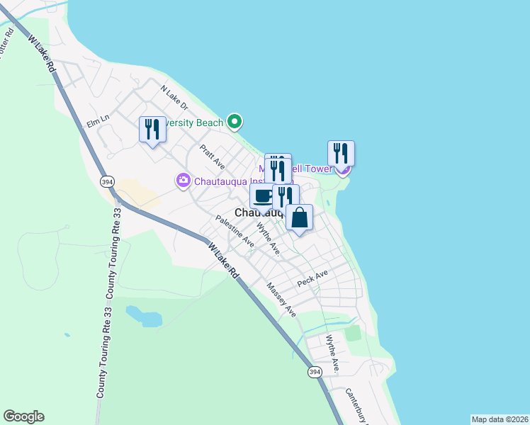 map of restaurants, bars, coffee shops, grocery stores, and more near in Chautauqua