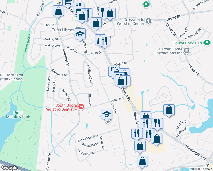 map of restaurants, bars, coffee shops, grocery stores, and more near 25 Alden Road in Weymouth