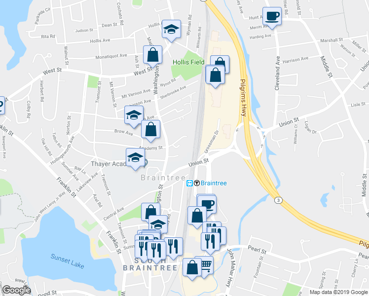 map of restaurants, bars, coffee shops, grocery stores, and more near 36 Georganna Street in Braintree