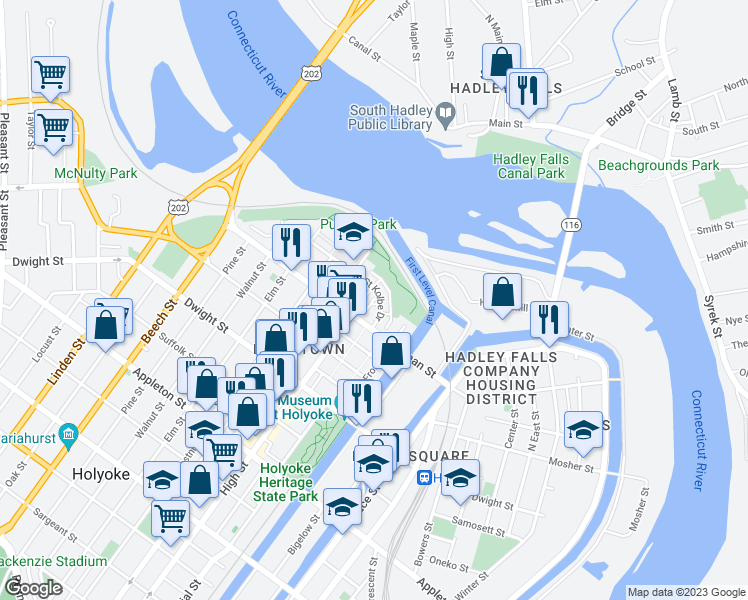 map of restaurants, bars, coffee shops, grocery stores, and more near 101 Saint Kolbe Drive in Holyoke
