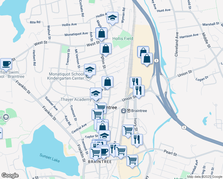 map of restaurants, bars, coffee shops, grocery stores, and more near 671 Washington Street in Braintree