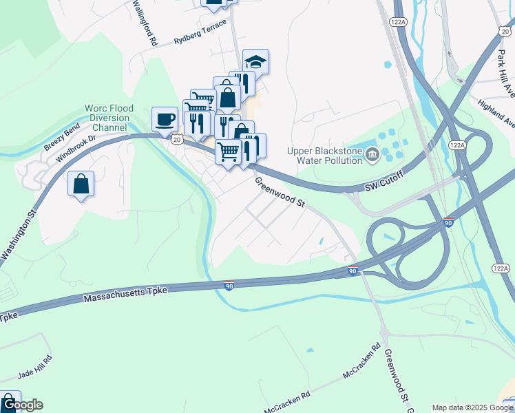 map of restaurants, bars, coffee shops, grocery stores, and more near 354 1/2 Greenwood Street in Millbury