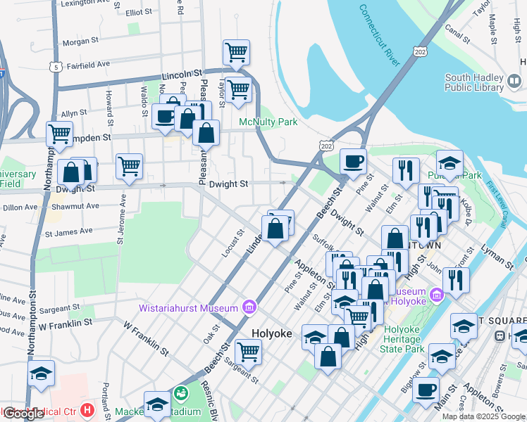 map of restaurants, bars, coffee shops, grocery stores, and more near 260 Suffolk Street in Holyoke