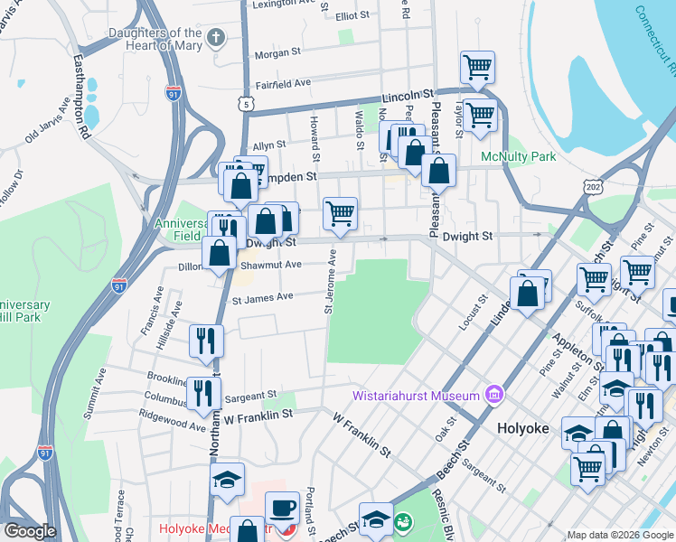 map of restaurants, bars, coffee shops, grocery stores, and more near 2 Shawmut Avenue in Holyoke