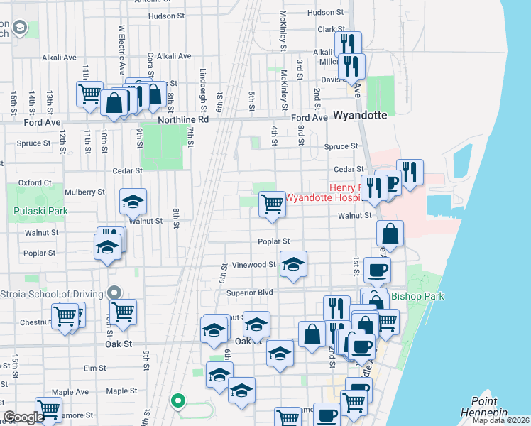 map of restaurants, bars, coffee shops, grocery stores, and more near 426 Walnut Street in Wyandotte