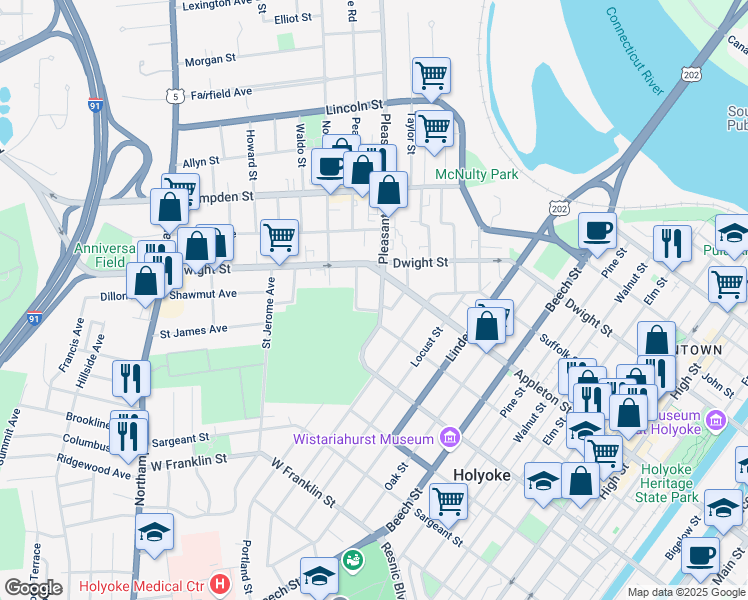 map of restaurants, bars, coffee shops, grocery stores, and more near 581-589 Pleasant Street in Holyoke