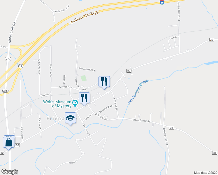 map of restaurants, bars, coffee shops, grocery stores, and more near 50 East Main Street in Friendship