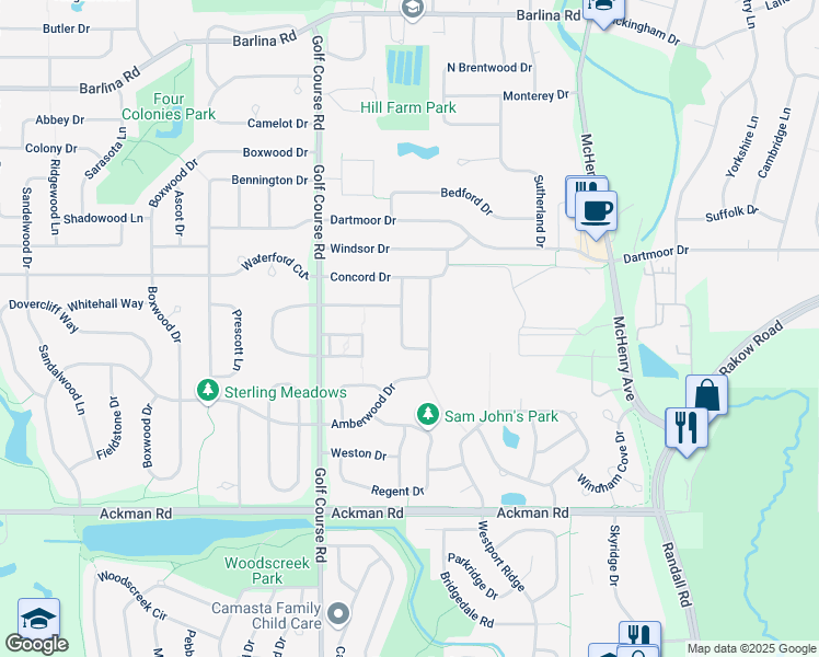 map of restaurants, bars, coffee shops, grocery stores, and more near 1133 Windslow Circle in Crystal Lake