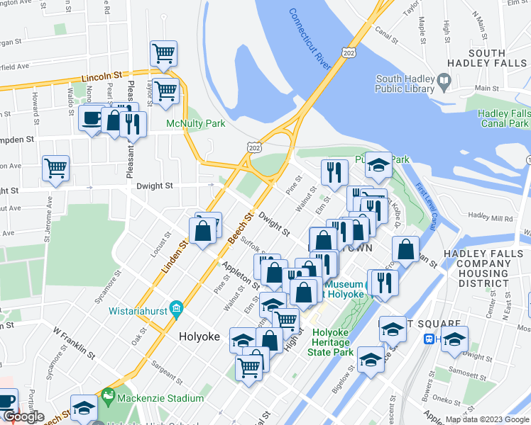 map of restaurants, bars, coffee shops, grocery stores, and more near 787 Dwight Street in Holyoke