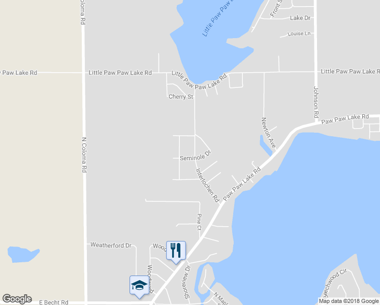 map of restaurants, bars, coffee shops, grocery stores, and more near 5420 Interlochen Road in Coloma