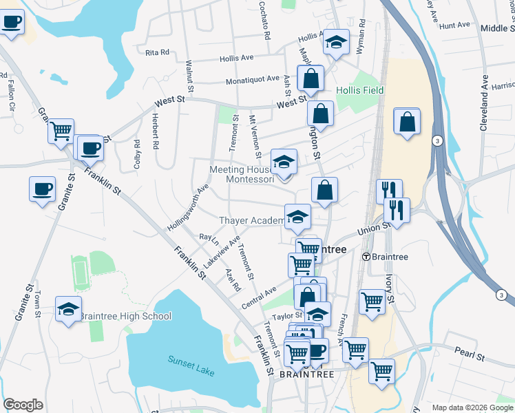 map of restaurants, bars, coffee shops, grocery stores, and more near 98 Academy Street in Braintree