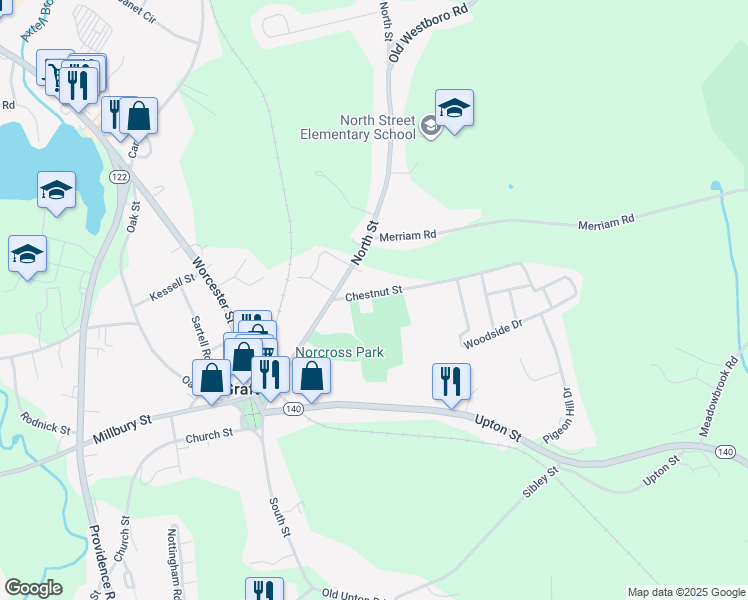 map of restaurants, bars, coffee shops, grocery stores, and more near 6 Chestnut Street in Grafton
