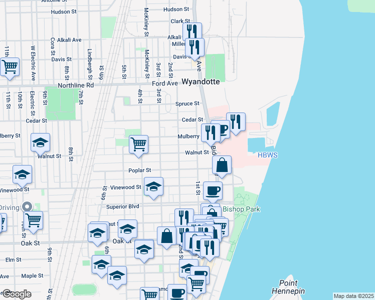 map of restaurants, bars, coffee shops, grocery stores, and more near 134 Walnut Street in Wyandotte