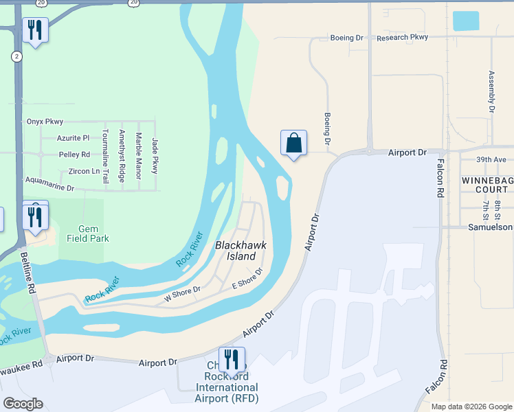 map of restaurants, bars, coffee shops, grocery stores, and more near 196 East Shore Drive in Rockford