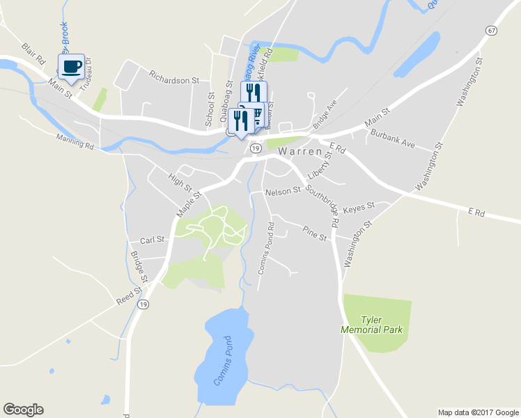 map of restaurants, bars, coffee shops, grocery stores, and more near 82 Comins Pond Road in Warren