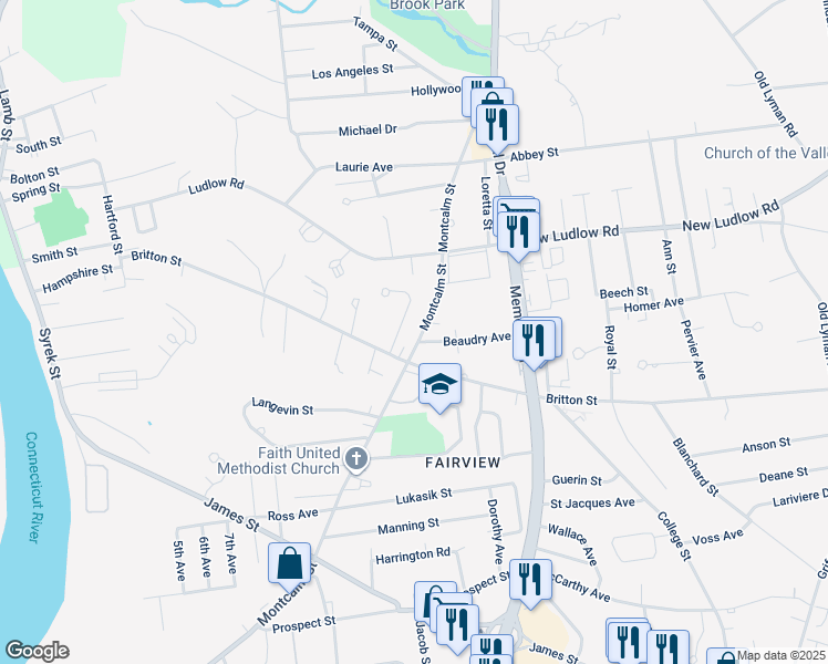 map of restaurants, bars, coffee shops, grocery stores, and more near 35 Beeler Avenue in Chicopee