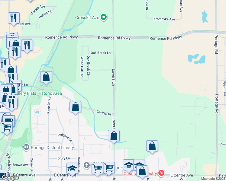 map of restaurants, bars, coffee shops, grocery stores, and more near 7402 Lovers Lane in Portage