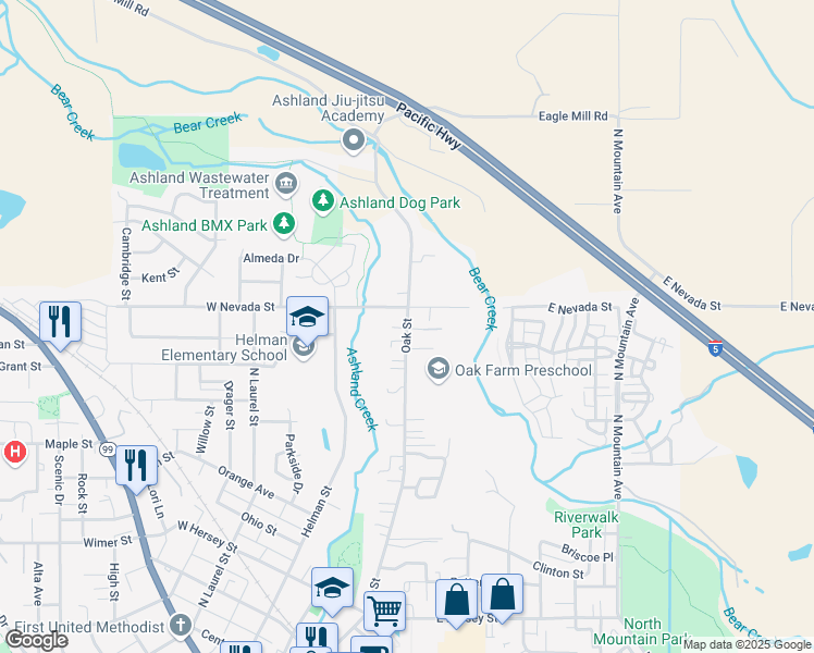 map of restaurants, bars, coffee shops, grocery stores, and more near 1050 Oak Street in Ashland