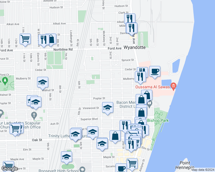 map of restaurants, bars, coffee shops, grocery stores, and more near 324 Walnut Street in Wyandotte