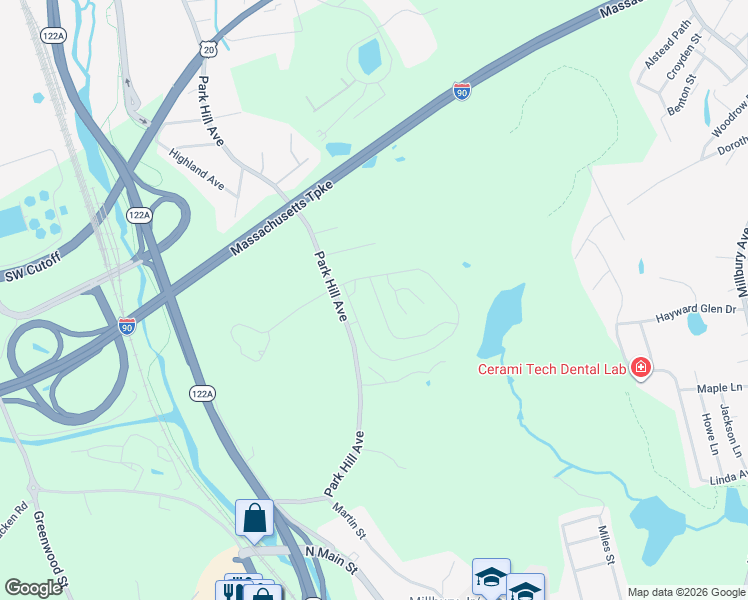 map of restaurants, bars, coffee shops, grocery stores, and more near 12 Logan's Run in Millbury