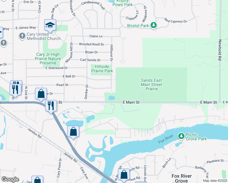 map of restaurants, bars, coffee shops, grocery stores, and more near 83 Hillhurst Drive in Cary