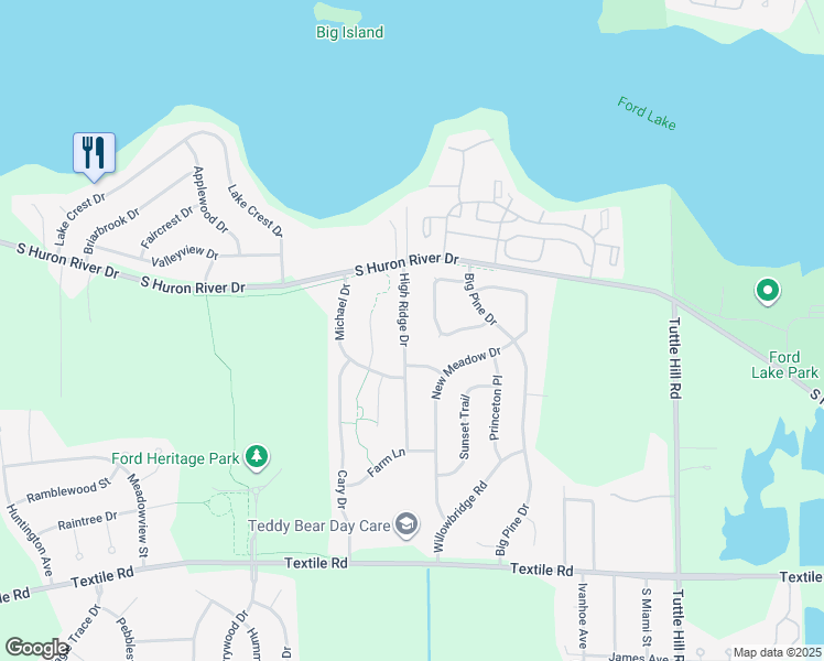 map of restaurants, bars, coffee shops, grocery stores, and more near 5487 High Ridge Drive in Ypsilanti