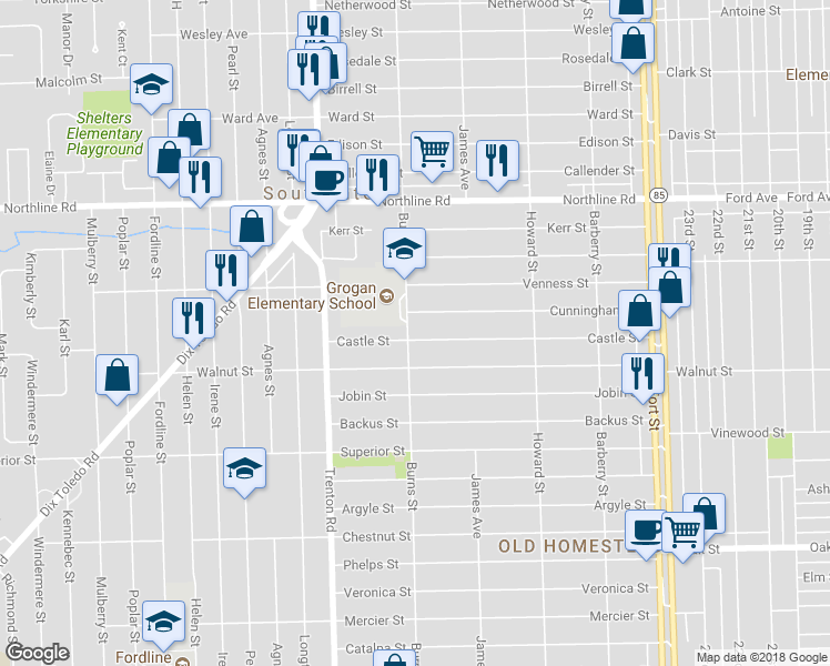 map of restaurants, bars, coffee shops, grocery stores, and more near 13558 Castle Street in Southgate