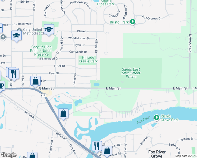map of restaurants, bars, coffee shops, grocery stores, and more near 83 Hillhurst Drive in Cary