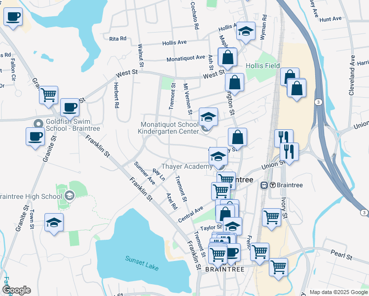 map of restaurants, bars, coffee shops, grocery stores, and more near 104 Academy Street in Braintree