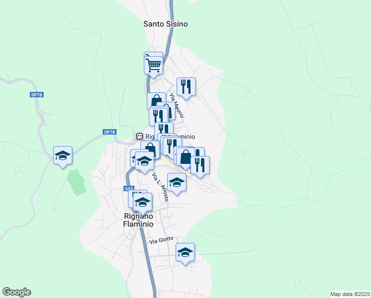 map of restaurants, bars, coffee shops, grocery stores, and more near 28 Via del Cocchio in Rignano Flaminio