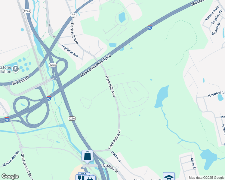 map of restaurants, bars, coffee shops, grocery stores, and more near 66 Park Hill Avenue in Millbury