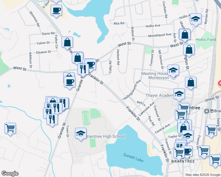 map of restaurants, bars, coffee shops, grocery stores, and more near 305 Franklin Street in Braintree