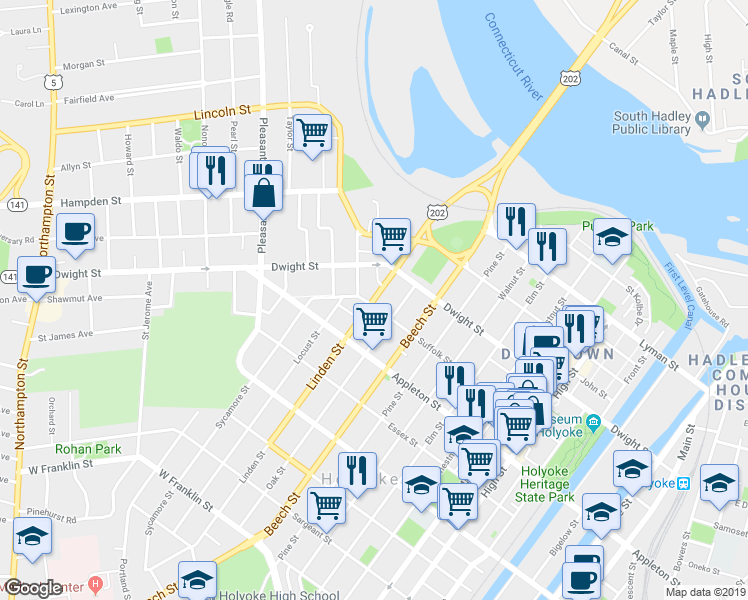 map of restaurants, bars, coffee shops, grocery stores, and more near 80 Linden Street in Holyoke