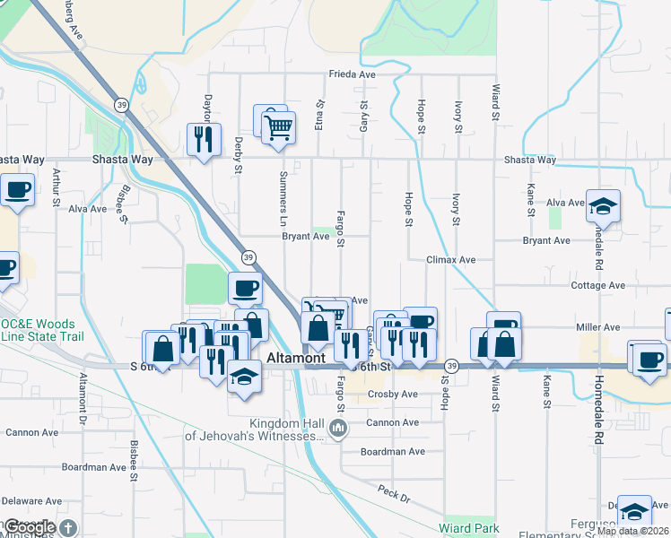 map of restaurants, bars, coffee shops, grocery stores, and more near 2006 Fargo St in Klamath Falls
