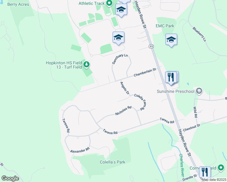 map of restaurants, bars, coffee shops, grocery stores, and more near 6 Angelo Drive in Hopkinton